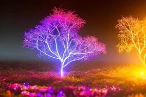 Futuristic abstract purple and yellow glowing tree for concept and background material design. photo