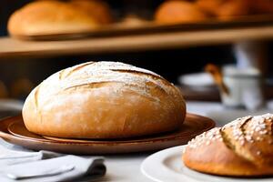 Some Sourdough bread at the served at the table. photo