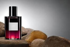 Red and black bottle perfume mockup product studio shot isolated. photo
