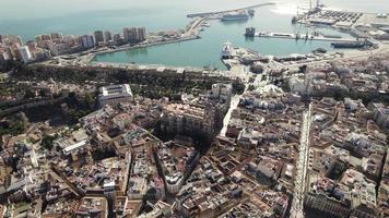 Malaga city port, cityscape and seascape, Spain. Aerial wide shot video