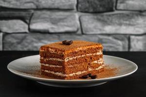 Dessert tiramisu on dark background. Slice of coffee cake photo