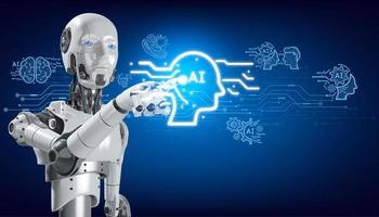 Robot touching computer digital screen photo