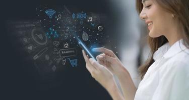 Woman using mobile smart phone with global network connection concept photo