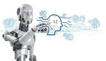 Robot touching computer digital screen photo