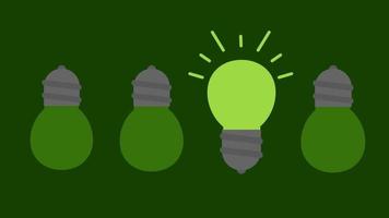 Animated Idea concept with row of light bulbs and glowing bulb. Describe a Uniqueness of Green Energy. video