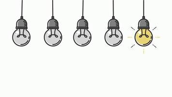Row of Hanging Bulb Lamp with Just One Shining. Describe creativity, uniqueness idea, innovation, etc. video