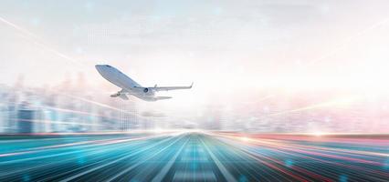 Technology digital future of commercial air transport concept, Airplane taking off from airport runway on city skyline and world map background with copy space, Moving by speed motion blur effect photo