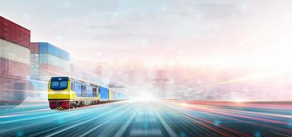 Rail Freight Transport and Technology Logistics Future Concept, Double Exposure Polygon Wireframe of Container Cargo Train at Container Yard, Modern Futuristic Import Export Transportation Background photo