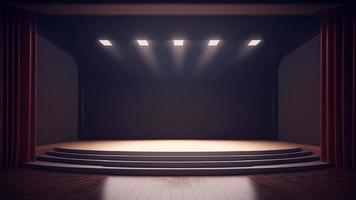 vacío etapa de el teatro sencillo minimalista con frente ver y Copiar espacio, iluminado por focos y fumar antes de el actuación foto