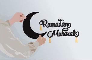 Ramadan Kareem holiday design. Welcoming the holy month of Ramadan in Islam. Adult hands laying out Ramadan wall hanging with crescent moon and black color, happy Ramadhan month vector