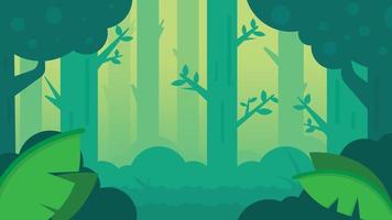 profundo bosque escena con neblina. esta naturaleza escena en el bosque es lleno de grande árboles, niebla y arbustos vector ilustración