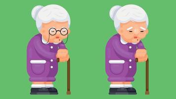 Old woman with a walking stick in a standing position, with eye glasses and without eye glasses. Flat style vector illustration