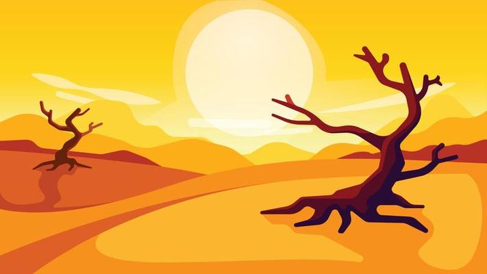 Desert view with dry tree and sunny sky. Sunrise or Sunset. stylized vector illustration of a desert landscape with dead trees.