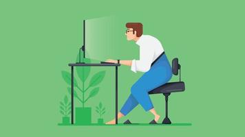 Man sitting at a desk and working on the computer, side view. Work from home concept. vector illustration