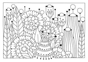 Horizontal coloring page with flowers. Vector background for coloring. Art therapy. Art line.