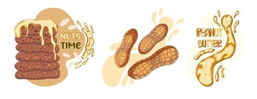 Set of peanut butter elements. Peanuts, splash and pancakes drizzled with maple syrup vector