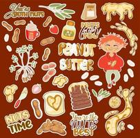 Collection of stickers with cute funny peanut butter.Cute cartoon character in eating peanut butter. Splashy, sandwich, nuts and peanut leaves vector