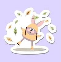 Rabbit with with leaves. Cute bunny sticker. Vector illustration of a rabbit. autumn bunny.