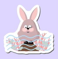 Cheerful funny rabbit on the beach. Bunny in the lake. spring sticker vector