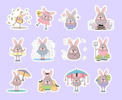 Set of stickers with rabbits. Cartoon bunnies stickers collection. vector