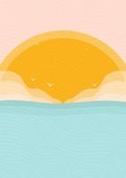 Minimalistic modern ocean side and sunset print. Ocean wave and birds aesthetic landscape. Skyline, wave vector illustration
