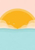 Minimalistic modern ocean side and sunset print. Ocean wave and birds aesthetic landscape. Skyline, wave vector illustration