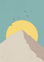 Desert landscape, sunny dunes and birds illustration. Earth tones, beige colors. vector