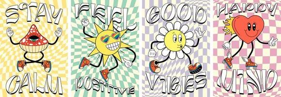 retro maravilloso Arte póster conjunto con caracteres. mosca agárico champiñón, contento sol, margarita flor y corazón mascotas en loco Clásico hippie pancartas de moda psicodélico y2k estilo resumen vector cartel diseño