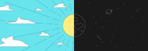 Half sun and moon on day and night sky horizontal background. Modern minimal linear art print. Abstract vector eps illustration