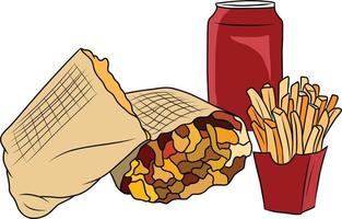 mano dibujado tacos con papas fritas y soda aislado vector