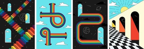 Retro groovy rainbow space stairs art poster set. Sun and moon in window surreal cosmic prints. Vintage boho universe abstract placards. Trendy y2k pop culture banners. Vector geometric eps wallpaper