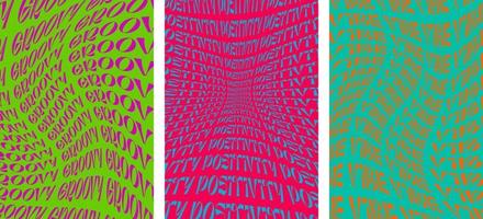 Retro art background set with groovy positivity vibe words. Psychedelic hippie style swirl colorful placards. Vintage hippy crazy various twist abstract vector eps banners. Trendy y2k pop culture
