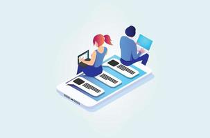 Isometric virtual relationships, online dating and social networking concept - teenagers chatting on the Internet. Vector 3d isometric illustration. Suitable for Diagram, Infographics And Other Asset