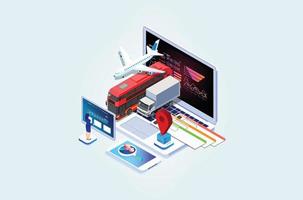 Modern Isometric Online purchase or booking of tickets for an airplane, bus or train. Travel around the world and countries. Recreation and entertainment. Business trip. Vector isometric illustration