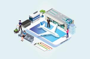 Modern Isometric Online purchase or booking of tickets for an airplane, Travel around the world and countries. Recreation and entertainment. Business trip. Vector isometric illustration