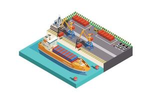 Modern Vector isometric or infographic element representing cargo port with cranes loading containers on the container ship, forklifts.  Suitable for Infographics,  And Other Graphic Related Assets