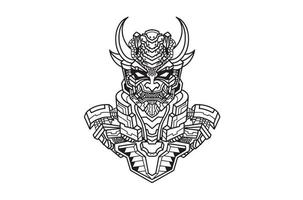 Hand drawing illustration of black white horned skull head oni samurai graphics with mechanical robot body vector