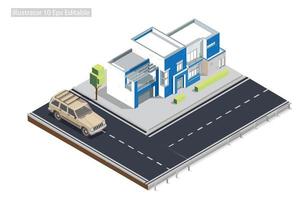 mansión isométrica al borde de la carretera en la acera editable en 10 eps. ilustración isométrica vectorial perfecta para diagramas, infografías y otros activos gráficos vector