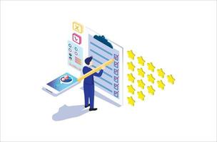 Modern Isometric Online survey concept with rating star bubble for application product services. Suitable for Diagrams, Infographics, Game Asset, And Other Graphic Related Assets vector