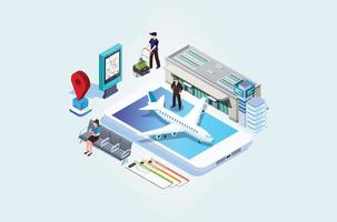 Modern Isometric Online purchase or booking of tickets for an airplane, Travel around the world and countries. Recreation and entertainment. Business trip. Vector isometric illustration