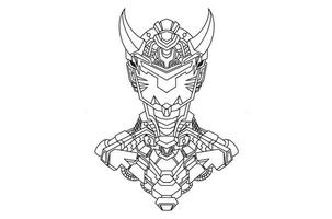 Hand drawing illustration of black white horned skull head oni samurai graphics with mechanical robot body vector