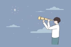 Astronomy and researching space concept. Smiling boy standing holding spyglass looking at stars in sky comets planets vector illustration