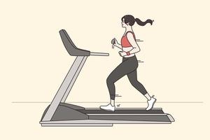 Active sporty lifestyle and jogging concept. Young smiling girl wearing sportswear running in gym on treadmill feeling excited vector illustration
