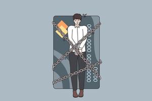 Financial crisis and debts concept. Young stressed man being locked with chains to huge credit card having debts as slave over grey background vector