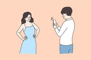 Making photo and camera concept. Young smiling man standing and making photo of his pretty girlfriend on smartphone having fun vector illustration