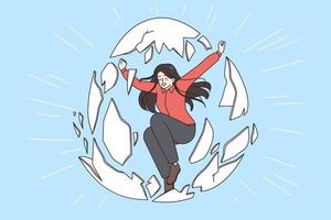 Freedom and breaking shell concept. Young positive woman jumping out of broken egg shell feeling excited and free vector illustration