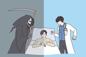 Healthcare and struggling for life concept. Young ill man lying in hospital with young man doctor knocking on his pillow and death asking for him vector illustration