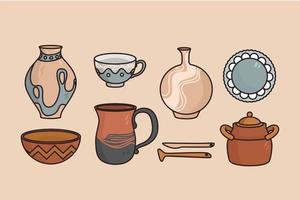 arcilla batería de cocina y vajilla concepto. conjunto de artesano hecho a mano arcilla tetas tazas ollas y platos terminado ligero antecedentes vector ilustración