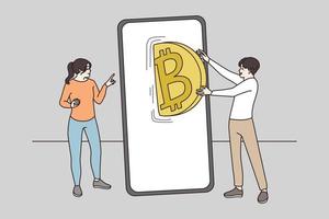 Man and woman transfer bitcoin using application on smartphone. People mine work with cryptocurrency on stock exchange market on cellphone. Crypto, virtual money. Flat vector illustration.