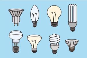 Illumination and electricity light concept. Set of various lamps enlightenment for home of different shapes and colors over blue background vector illustration